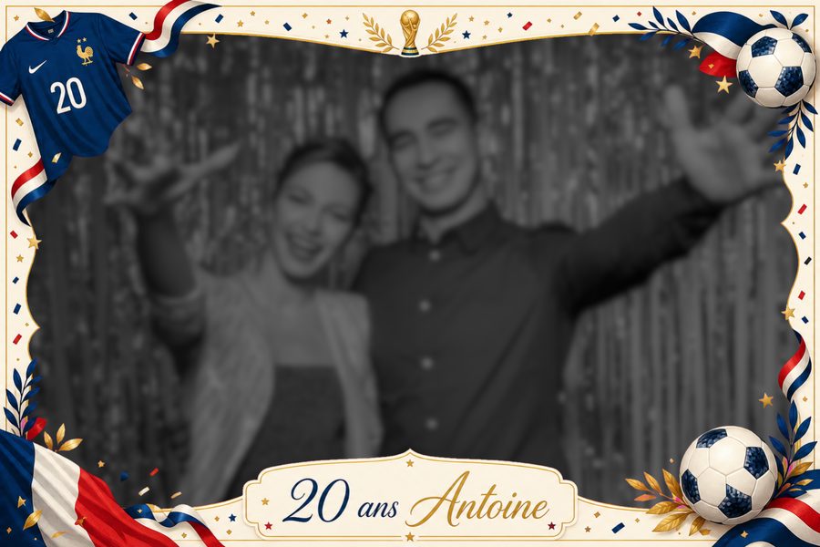 Template « 20 ans Antoine », thème football France, avec la photo des invités