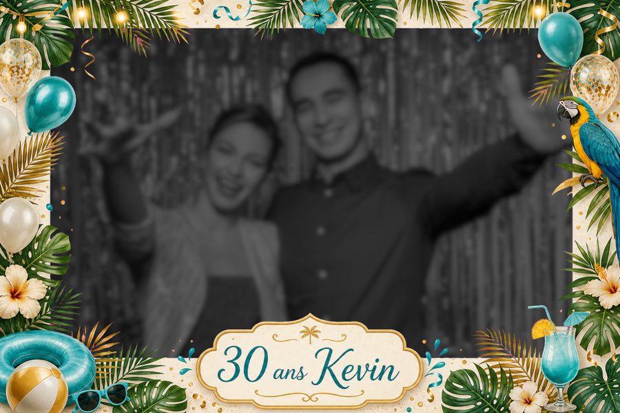 Template « 30 ans Kevin », thème tropical, avec la photo des invités